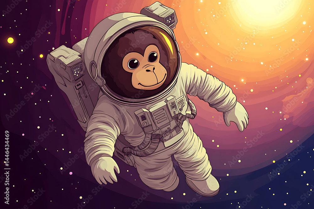 Poster astronaut monkey floating in space, surrounded by colorful cosmic background and stars