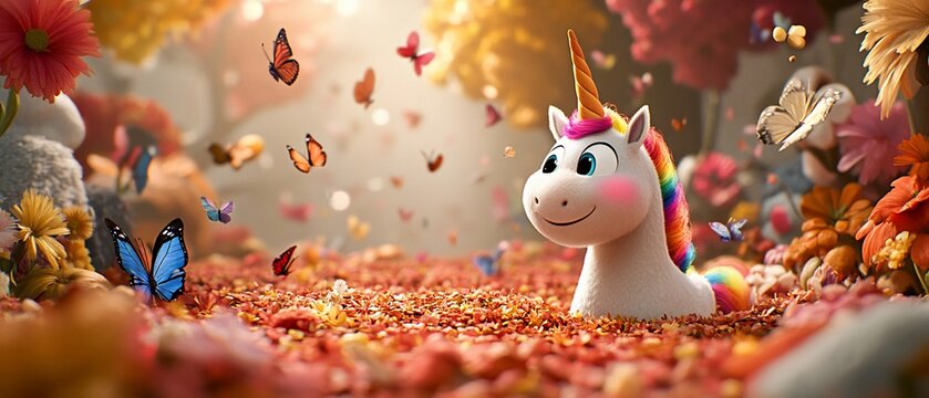 A cute unicorn stands in a field of autumn leaves, butterflies flutter around it