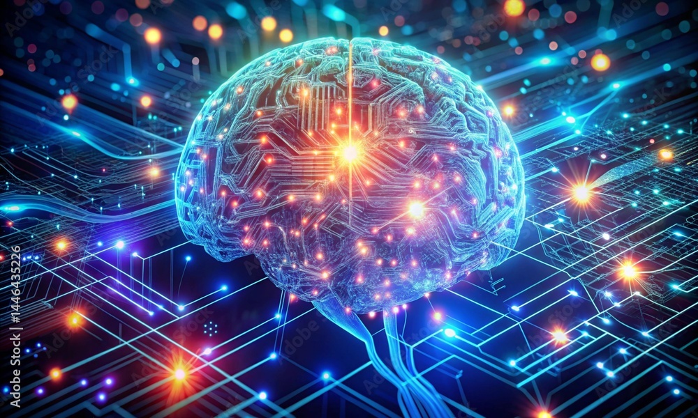 Aufkleber 3d illustration of ai brain network glowing with circuits and data streams