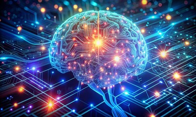 Obraz premium 3D illustration of AI brain network glowing with circuits and data streams