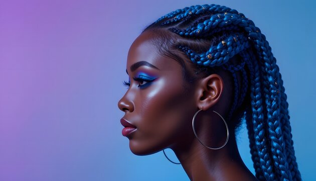 Profile of a young Black woman with blue box braids, vibrant makeup, and hoop earrings against a purple and blue background
