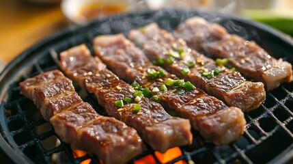 Grilled meat strips on a hot plate, seasoned with herbs.