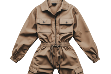 Stylish taupe utility jumpsuit perfect autumn fashion relaxed fit cargo pockets drawstring waist