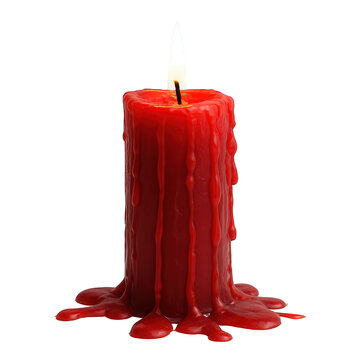 A vibrant red candle burns with a steady flame, its warm wax dripping dramatically down the sides and pooling.