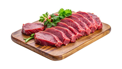 Fototapeta premium Fresh Red Sliced Beef Tenderloin on a Wooden Cutting Board Prepared to Cook