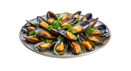 Delicious cooked mussels on a platter with fresh parsley for garnish