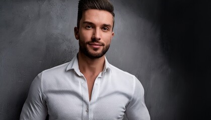Fototapeta premium Casual fashionable man against grey wall