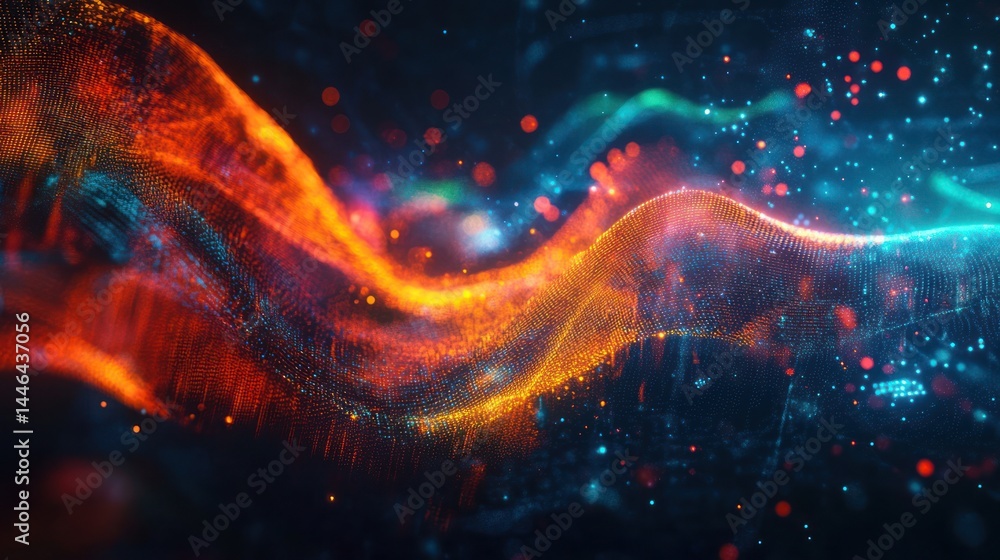 Aufkleber abstract swirling waves of vibrant orange and teal particles on a dark background, creating a dynami