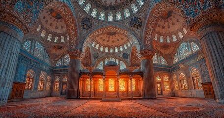 Obraz premium Majestic Interior of Historical Mosque with Colorful Stained Glass