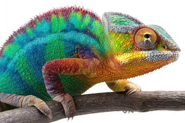 Obraz premium Close-up of a colorful chameleon on a branch.