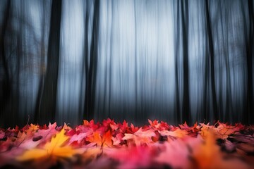 Autumn leaves scattered on the forest floor, blurred trees in the background creating a mystical atmosphere.
