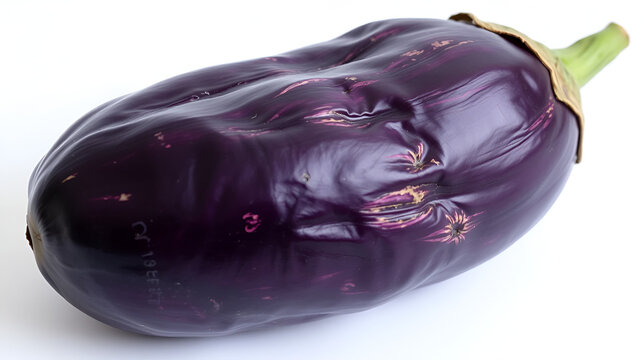 Wrinkled purple eggplant with elongated shape and distinct aging marks, displayed against a plain white background.