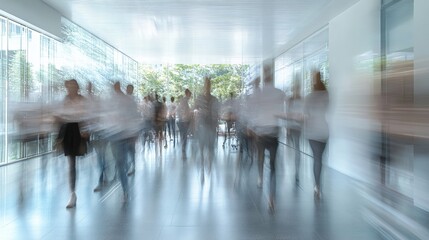 Fototapeta premium Busy Office Corridor Blurred Motion People Walking Modern Building Glass Walls