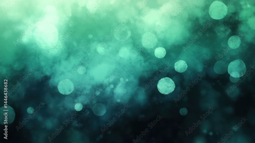 Poster abstract teal and green bokeh background with blurred circles and soft light