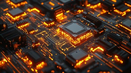 Obraz premium Detailed close-up view of a glowing circuit board.