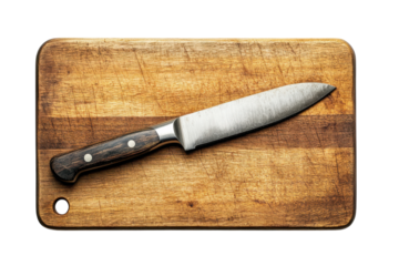 Sharp chef s knife on rustic wooden cutting board ideal for cooking kitchen tools culinary food prep