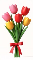 A bunch of tulips with a red ribbon tied around them.