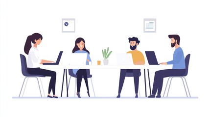 Creative vector illustration of diverse team members collaborating on laptops