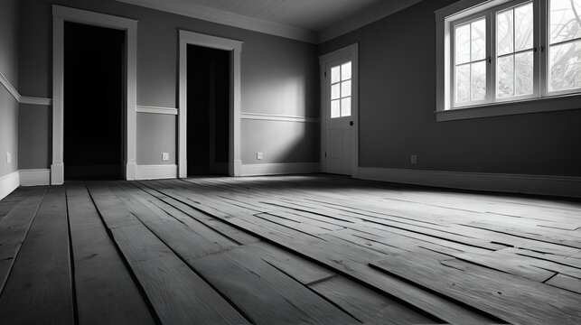 Creepiness is the creaking floorboard in the empty house: Illustrate an empty house with a single floorboard creaking ominously, symbolizing the eerie feeling of being alone in a silent, empty space