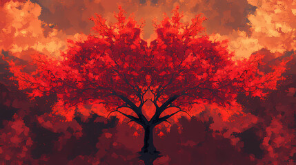 A vibrant red tree with fiery red leaves standing tall in the center, its branches stretching outwards. [Mechanical Forests] | Blazing Canopy | fiery branches. Illustration