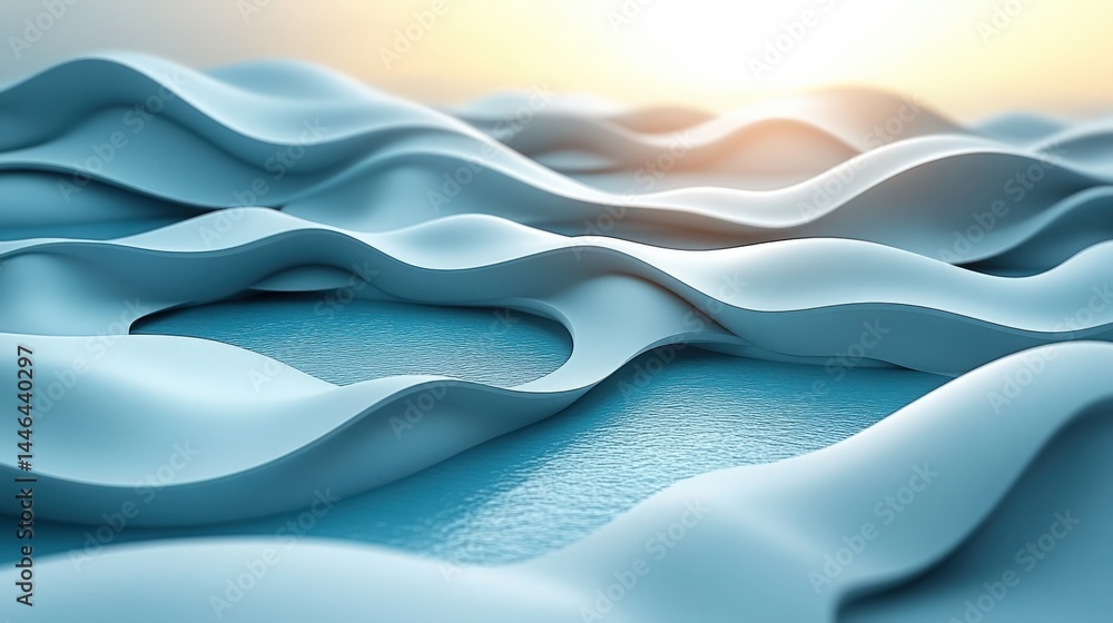Poster abstract rendering of undulating shapes with a light blue water effect