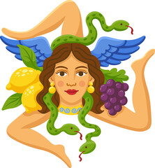 Sicilian Trinacria symbol with three legs, woman's head, lemons, grapes, snakes, and wings