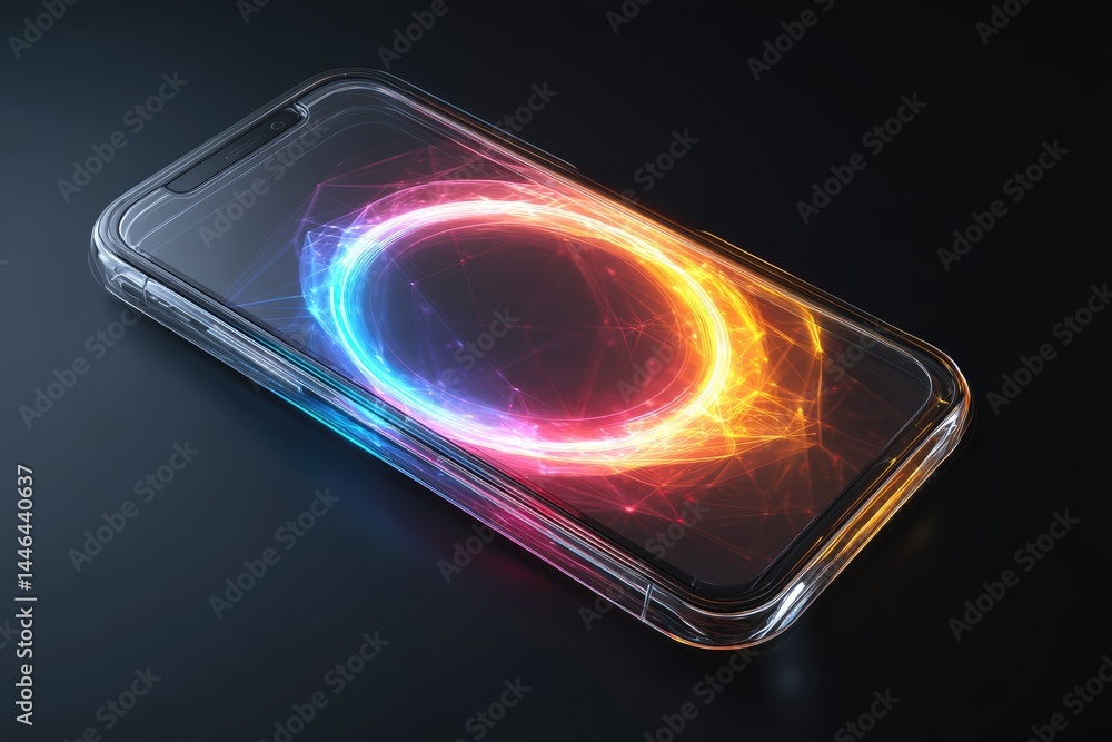 Poster a modern smartphone with a dynamic glowing circle display.