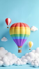 Naklejka premium A colorful hot air balloon flying through a blue sky with white clouds.