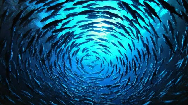 Mesmerizing Underwater Ballet: A School of Fish in a Spiral Formation