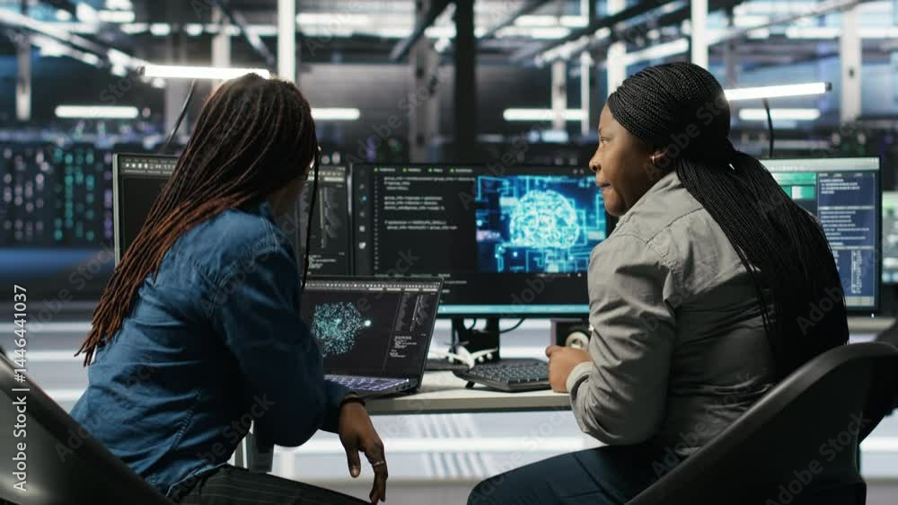 Poster data center coworkers doing brainstorming, using artificial intelligence machine learning models to 