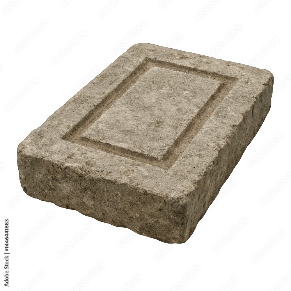 Aufkleber a weathered rectangular stone block featuring a deeply carved central rectangular recess on its text