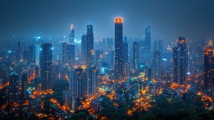 Obraz premium Illuminated cityscape glows amidst misty twilight