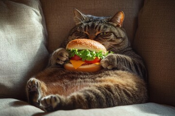 Fat Cat Enjoying a Delicious Burger