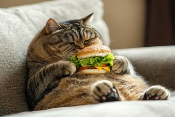 Fat Cat Enjoying a Delicious Burger