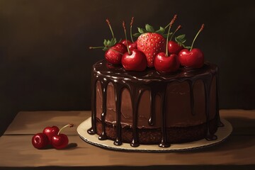 Chocolate Cake with Cherries and Strawberries