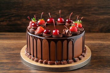 Decadent Chocolate Cake with Cherries and Strawberries