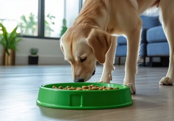 Adorable Dog Eating from Green Bowl