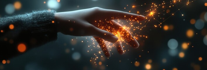 Hand Interacting with Digital Network - Futuristic Art