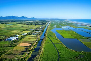 Aerial Panorama of Lush Agricultural Fields and Coastal Waters