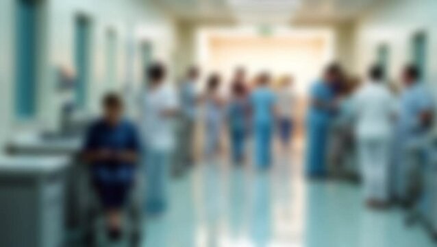 Blurred unidentified patient and medical staff walking in the hospital for background use. Still shot 4K video