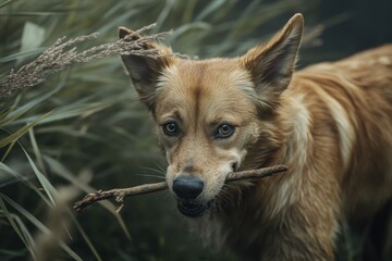 Dog with Stick in Nature