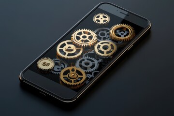 Golden Gears on Smartphone Display: Futuristic Tech Art