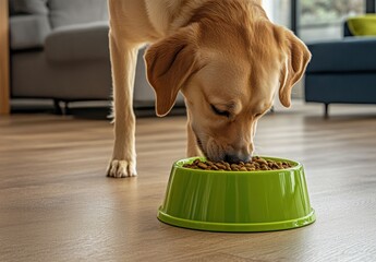 Adorable Dog Eating from a Green Bowl