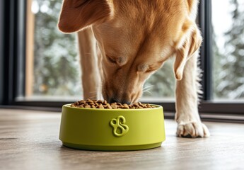 Adorable Dog Eating from a Green Bowl