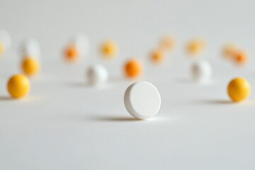 White Pill on a Light Background with Blurred Yellow and Orange Pills