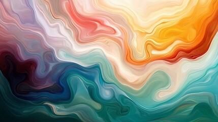 Obraz premium Abstract artwork with swirling patterns in vibrant coral, teal, blue, and yellow hues