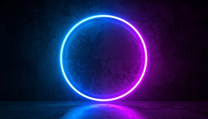 Fototapeta premium Neon cyberpunk circle on a concrete wall of violet-blue color in a dark contrasting room. 