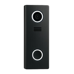 Contemporary black electronic entry device featuring a high-resolution camera and a brightly illuminated call button.