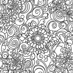 Floral and swirl pattern, intricate design, black and white, repeating.  Detailed flower shapes and decorative curls