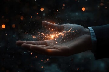 Hand holding glowing network, dark background, innovation concept, stock photo